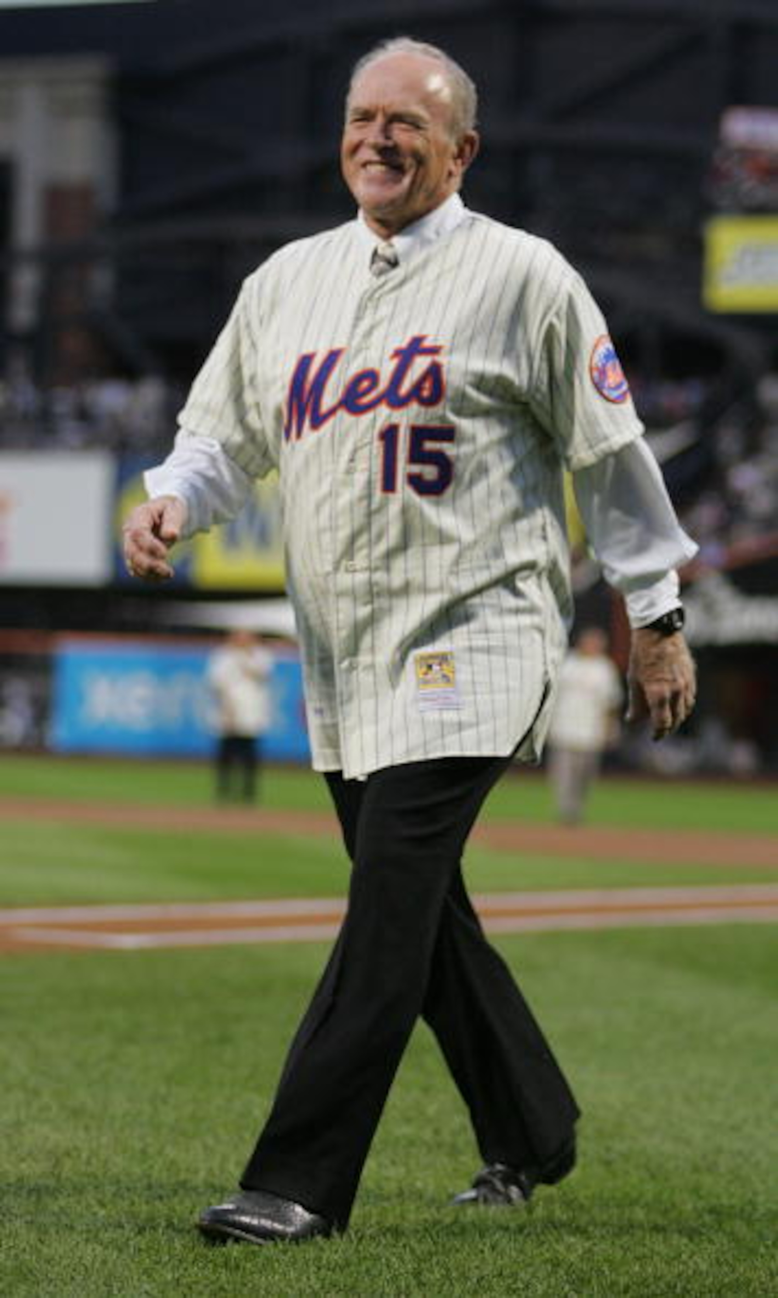 NEW YORK - AUGUST 22:  Jerry Grote walks to throw the first pitch during the presentation commemorating the New York Mets 40th anniversary of the 1969 World Championship team on August 22, 2009 at Citi Field in the Flushing neighborhood of the Queens boro