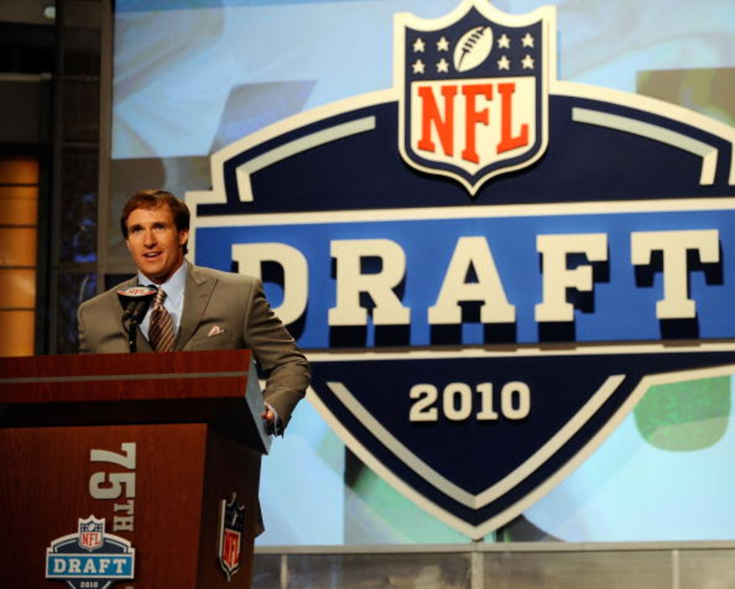 NEW YORK - APRIL 22:  Quarterback Drew Brees of the New Orleans Saints announces that the Saints selected Patrick Robinson from the Florida State with the number 32 overall pick during the first round of the 2010 NFL Draft at Radio City Music Hall on Apri