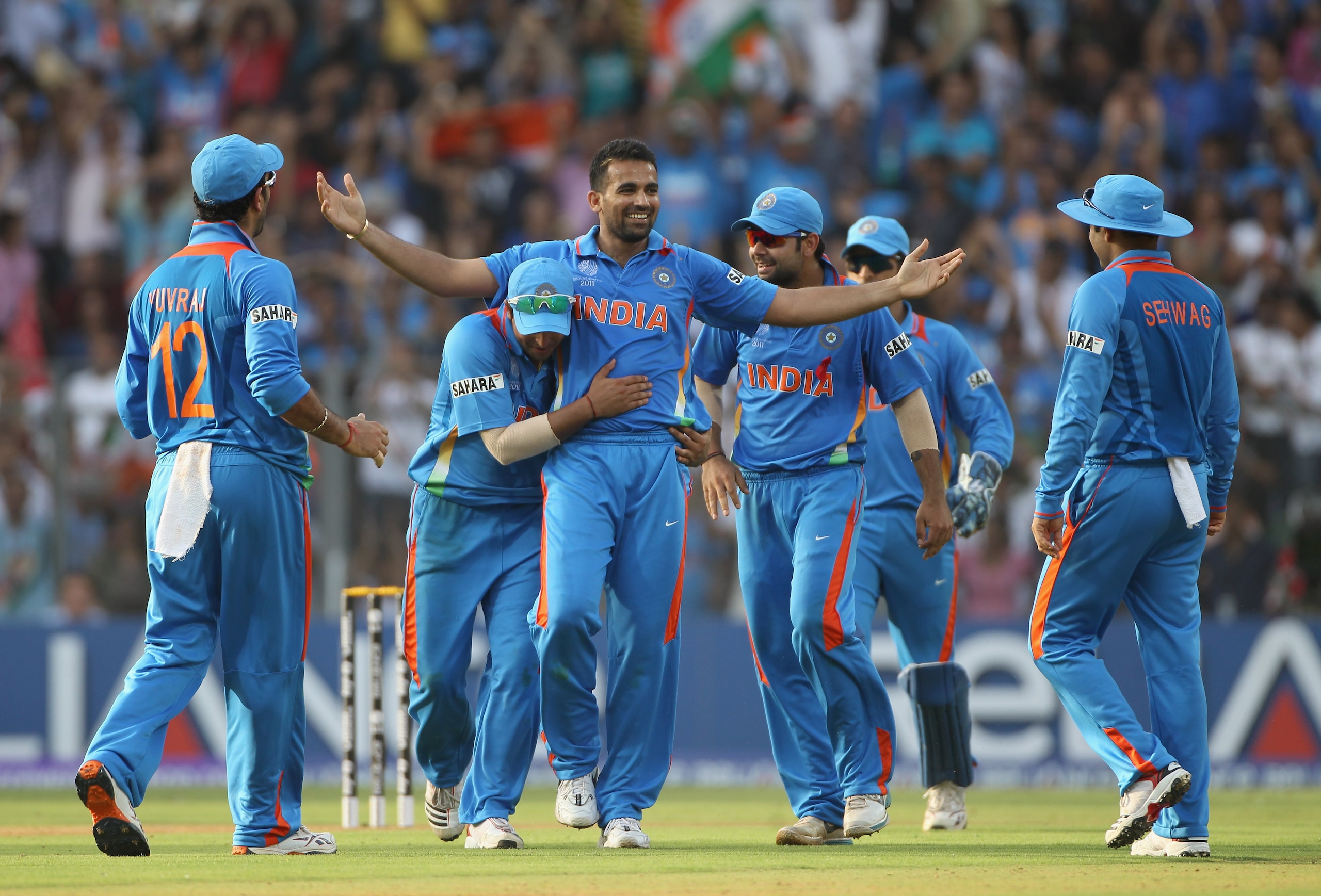 MUMBAI, INDIA - APRIL 02:  Zaheer Khan of India celebrates taking the wicket of Chamara Kapugedera of Sri Lanka during the 2011 ICC World Cup Final between India and Sri Lanka at the Wankhede Stadium on April 2, 2011 in Mumbai, India.  (Photo by Tom Shaw/