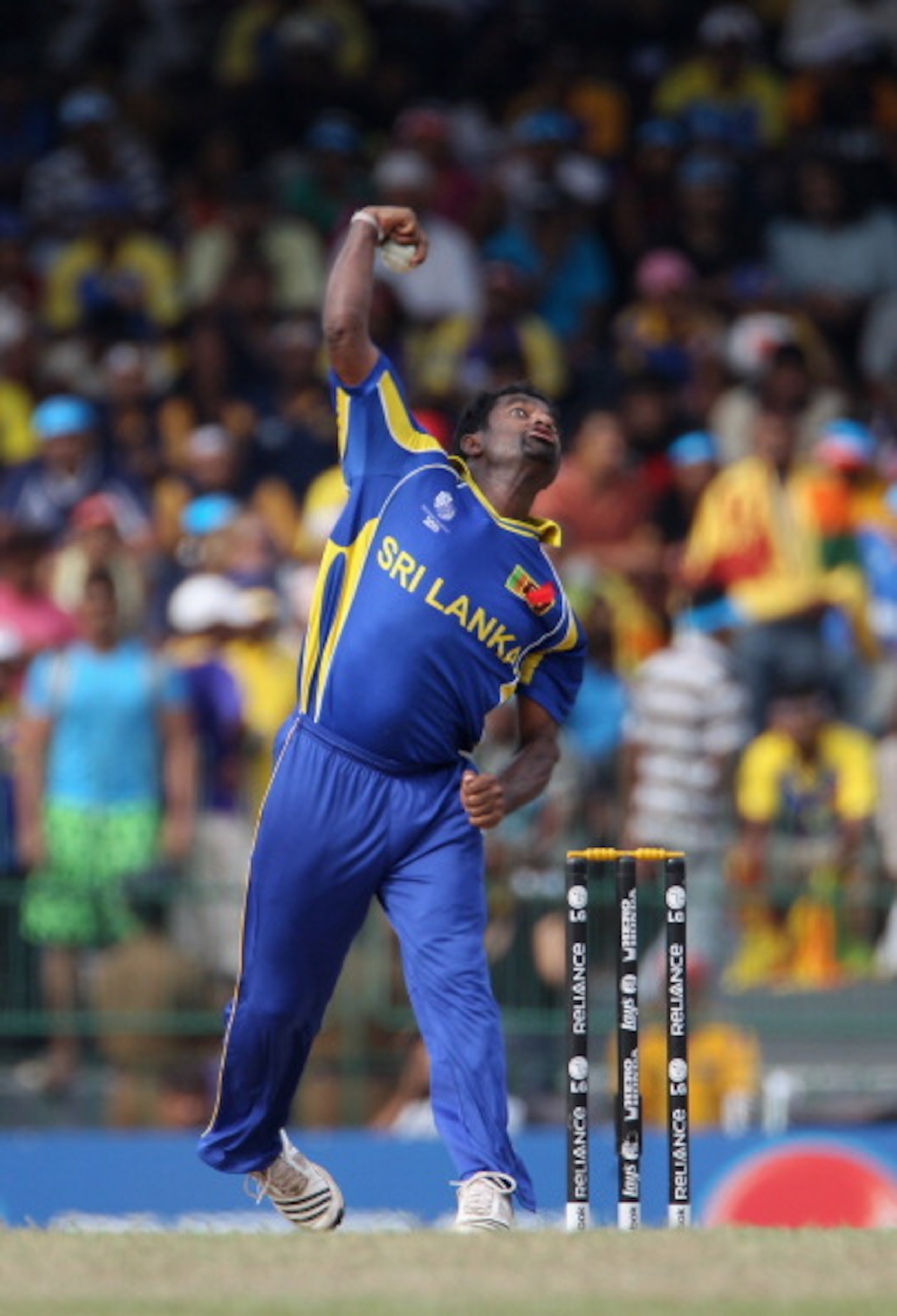 COLOMBO, SRI LANKA - MARCH 26:  Muttiah Muralitharan of Sri Lanka in action during the 2011 ICC World Cup Quarter-Final match between Sri Lanka and England at the R. Premadasa Stadium on March 26, 2011 in Colombo, Sri Lanka.  (Photo by Tom Shaw/Getty Imag