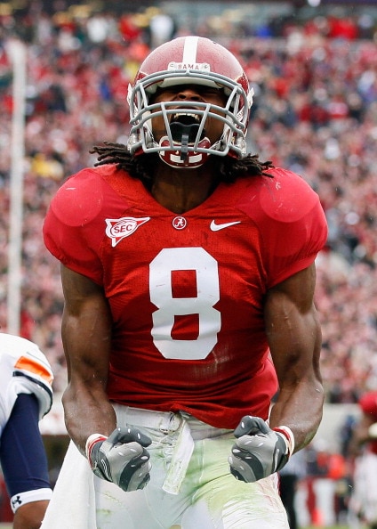 TUSCALOOSA, AL - NOVEMBER 26:  Julio Jones #8 of the Alabama Crimson Tide reacts after a long reception against the Auburn Tigers at Bryant-Denny Stadium on November 26, 2010 in Tuscaloosa, Alabama.  (Photo by Kevin C. Cox/Getty Images)