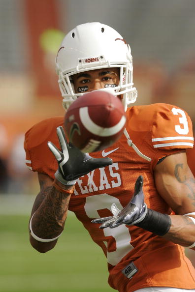 AUSTIN, TX - NOVEMBER 07:  Cornerback Curtis Brown #3 of the Texas Longhorns practices before a game against the UCF Knights on November 7, 2009 at Darrell K Royal - Texas Memorial Stadium in Austin, Texas.  Texas won 35-3.  (Photo by Brian Bahr/Getty Ima