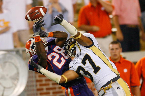 ATLANTA - SEPTEMBER 10:  Jerrard Tarrant #37 of the Georgia Tech Yellow Jackets breaks up a reception intended for C.J. Spiller #28 of the Clemson Tigers at Bobby Dodd Stadium on September 10, 2009 in Atlanta, Georgia.  (Photo by Kevin C. Cox/Getty Images