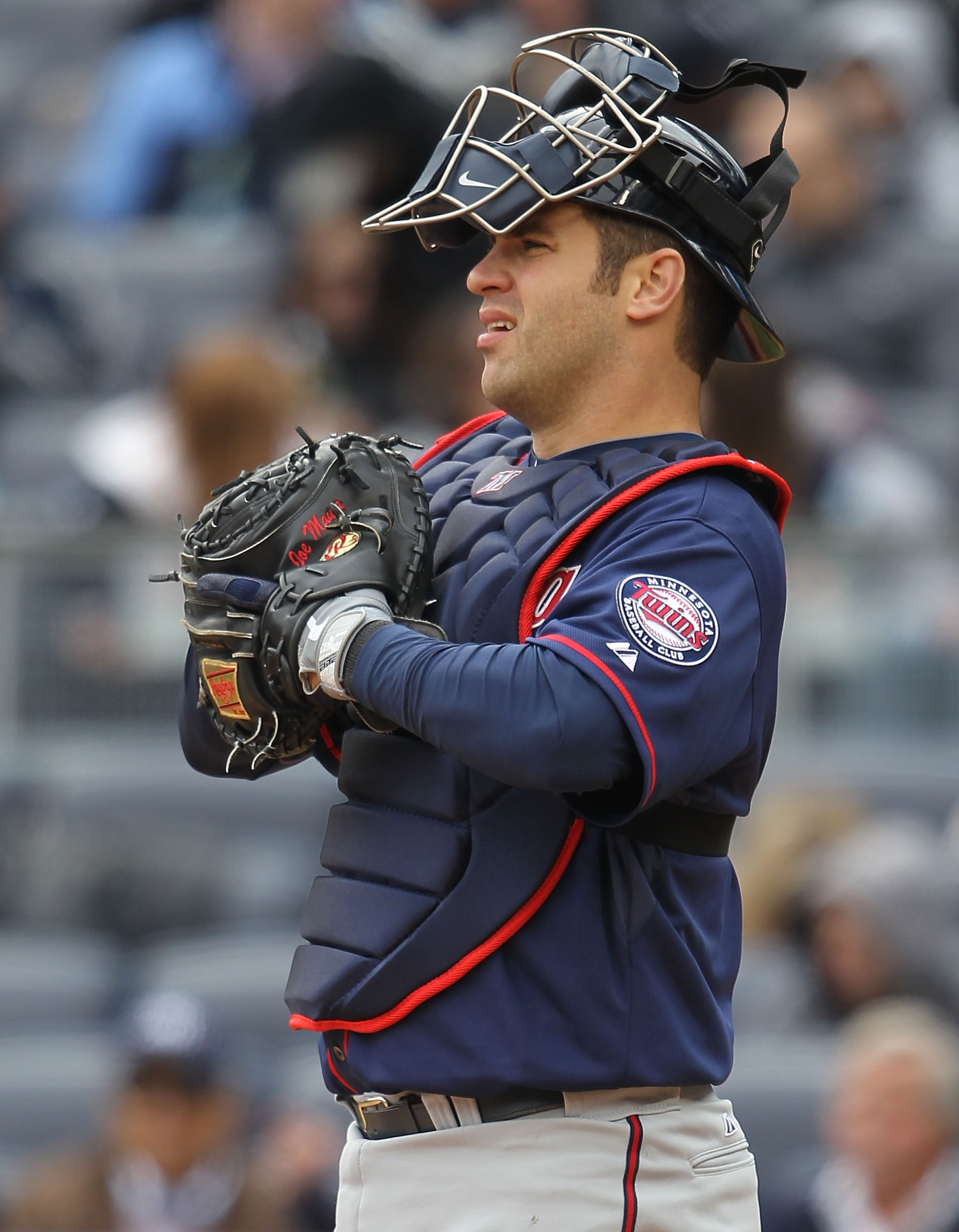 NEW YORK, NY - APRIL 07:  Joe Mauer #7 of the Minnesota Twins against New York Yankees at Yankee Stadium on April 7, 2011 in the Bronx borough of New York City.  (Photo by Nick Laham/Getty Images)