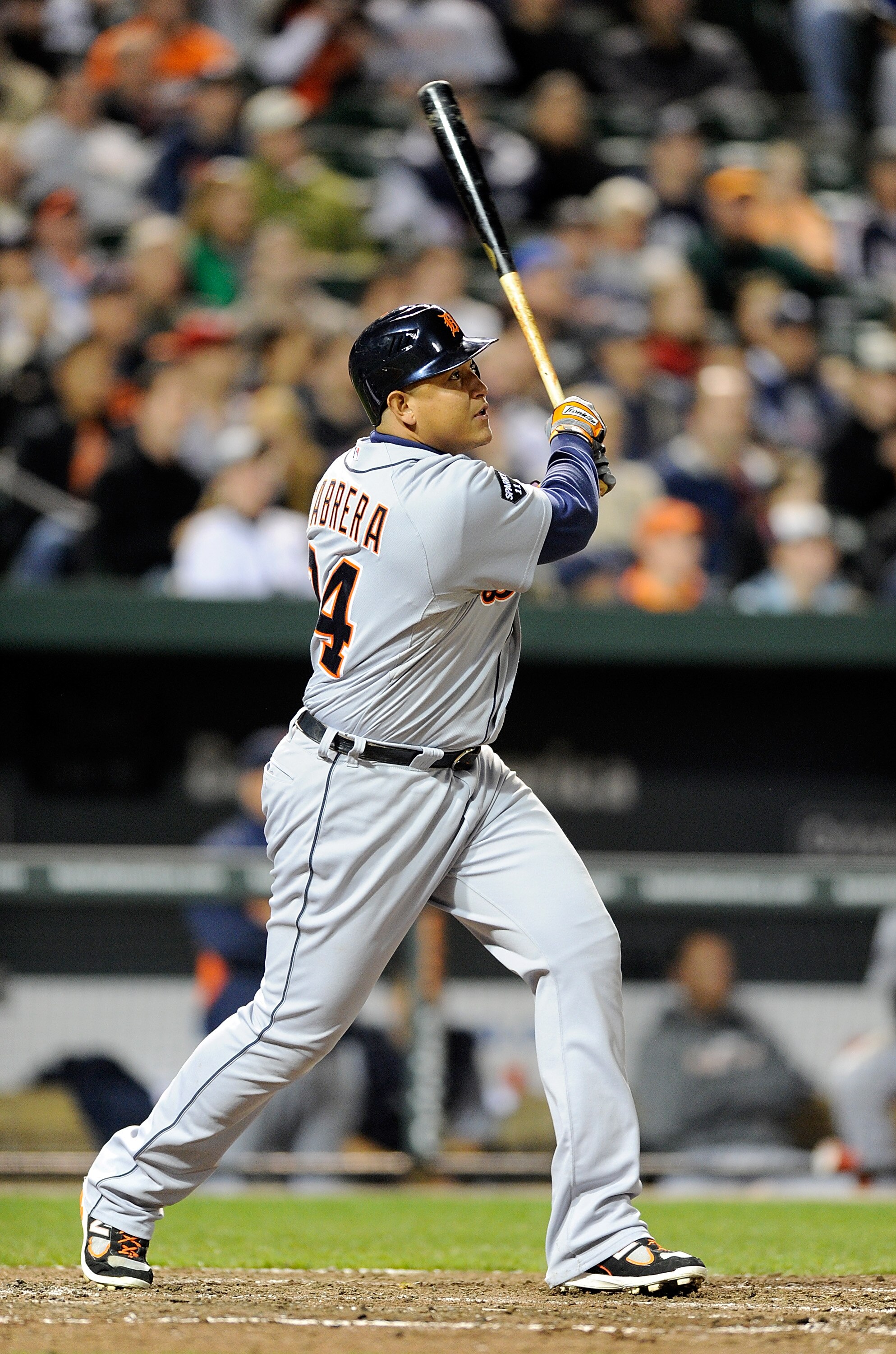 BALTIMORE, MD - APRIL 06:  Miguel Cabrera #24 of the Detroit Tigers hits a home run in the fifth inning against the Baltimore Orioles at Oriole Park at Camden Yards on April 6, 2011 in Baltimore, Maryland. The Tigers won the game 7-3. (Photo by Greg Fiume