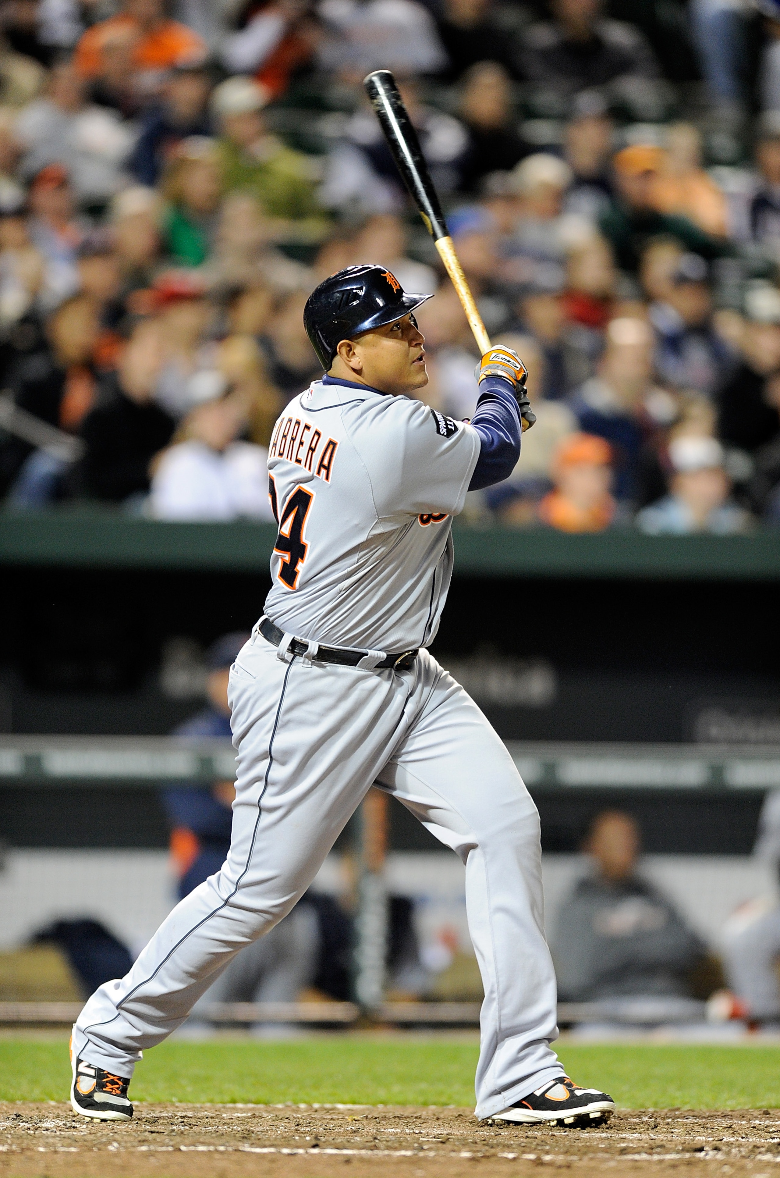 BALTIMORE, MD - APRIL 06:  Miguel Cabrera #24 of the Detroit Tigers hits a home run in the fifth inning against the Baltimore Orioles at Oriole Park at Camden Yards on April 6, 2011 in Baltimore, Maryland. The Tigers won the game 7-3. (Photo by Greg Fiume