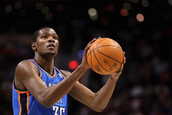 PHOENIX, AZ - MARCH 30:  Kevin Durant #35 of the Oklahoma City Thunder shoots a free throw shot during the NBA game against the Phoenix Suns at US Airways Center on March 30, 2011 in Phoenix, Arizona. The Thunder defeated the Suns 116-98.   NOTE TO USER: