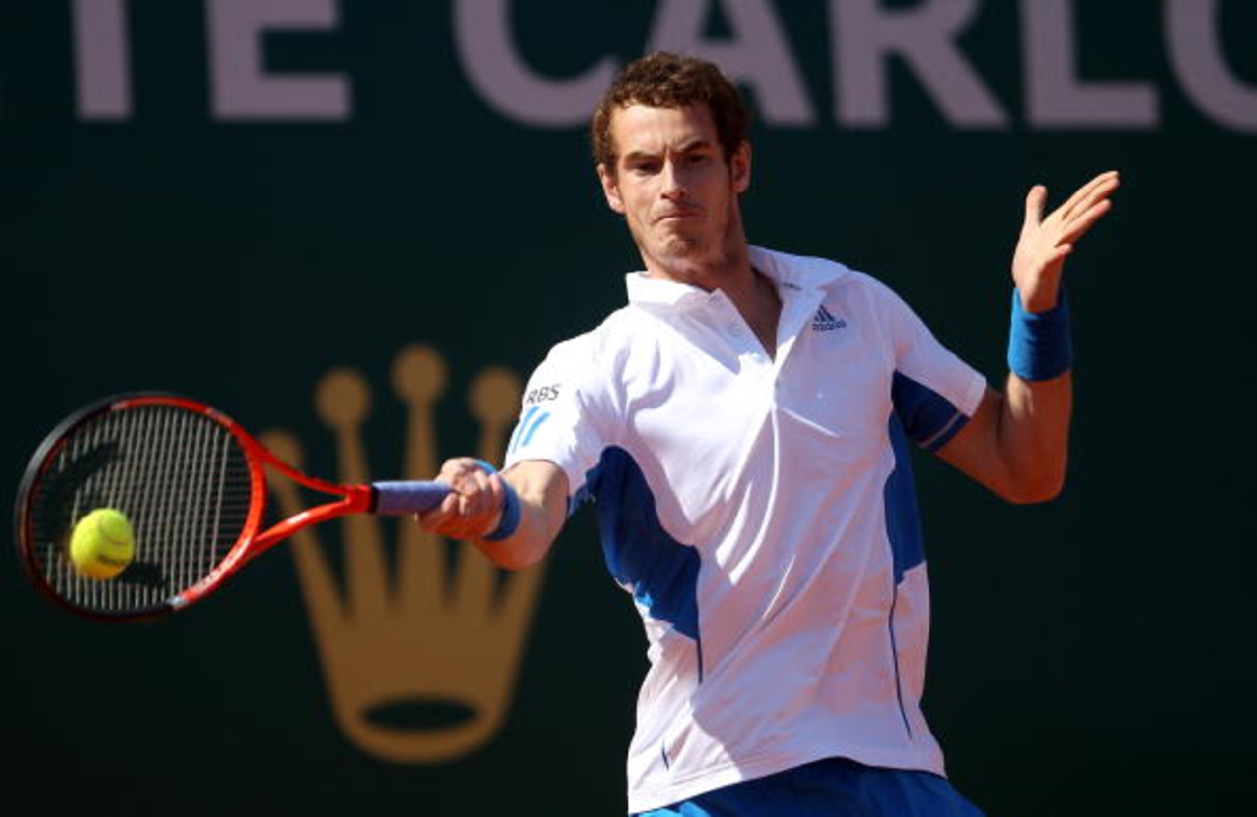 MONTE CARLO, MONACO - APRIL 14:  Andy Murray of Great Britain in action in his match against Philipp Kohlschreiber of Germany during day three of the ATP Masters Series at the Monte Carlo Country Club on April 14, 2010 in Monte Carlo, Monaco.  (Photo by J