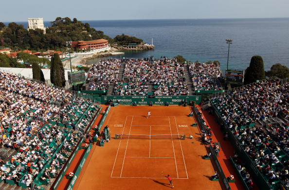 MONTE CARLO, MONACO - APRIL 16:  A general view of Novak Djokovic of Serbia in action in his match against David Nalbandian of Argentina during day five of the ATP Masters Series at the Monte Carlo Country Club on April 16, 2010 in Monte Carlo, Monaco.  (