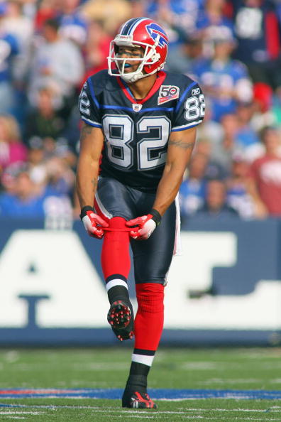ORCHARD PARK, NY - SEPTEMBER 27: Josh Reed #82 of the Buffalo Bills adjust his socks during the game against the New Orleans Saints at Ralph Wilson Stadium on September 27, 2009 in Orchard Park, New York. (Photo by Rick Stewart/Getty Images)