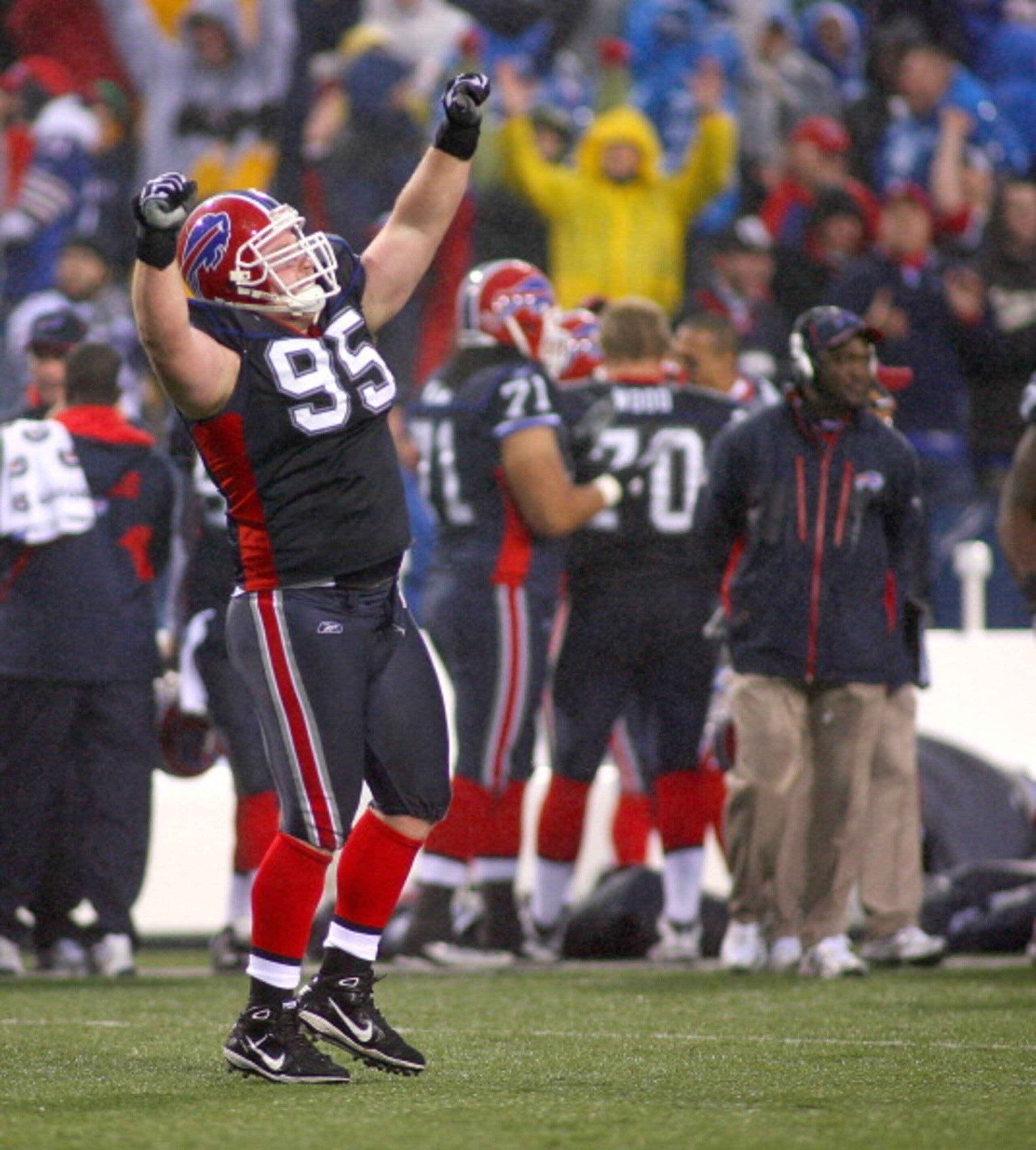 ORCHARD PARK, NY - NOVEMBER 14: Kyle Williams #95 of the Buffalo Bills celebrates after the Bills win their first game of the season against the Detroit Lions at Ralph Wilson Stadium on November 14, 2010 in Orchard Park, New York. Buffalo won 14-12. (Pho ORCHARD PARK, NY - NOVEMBER 14: Kyle Williams #95 of the Buffalo Bills celebrates after the Bills win their first game of the season against the Detroit Lions at Ralph Wilson Stadium on November 14, 2010 in Orchard Park, New York. Buffalo won 14-12. (Pho