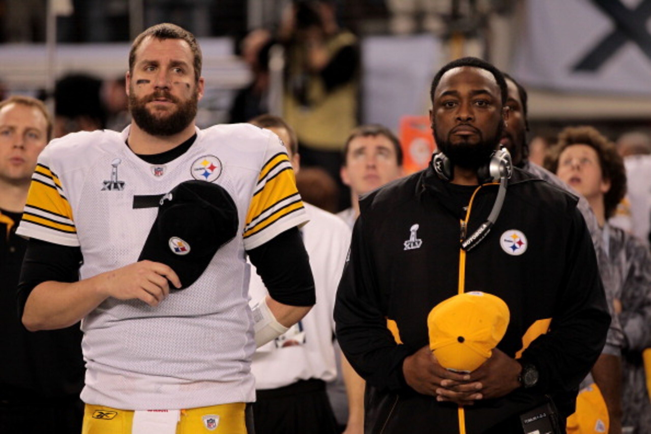 ARLINGTON, TX - FEBRUARY 06: Ben Roethlisberger #7 and head coach Mike Tomlin of the Pittsburgh Steelers look on during the National Anthem during Super Bowl XLV at Cowboys Stadium on February 6, 2011 in Arlington, Texas. (Photo by Jamie Squire/Getty Im ARLINGTON, TX - FEBRUARY 06: Ben Roethlisberger #7 and head coach Mike Tomlin of the Pittsburgh Steelers look on during the National Anthem during Super Bowl XLV at Cowboys Stadium on February 6, 2011 in Arlington, Texas. (Photo by Jamie Squire/Getty Im