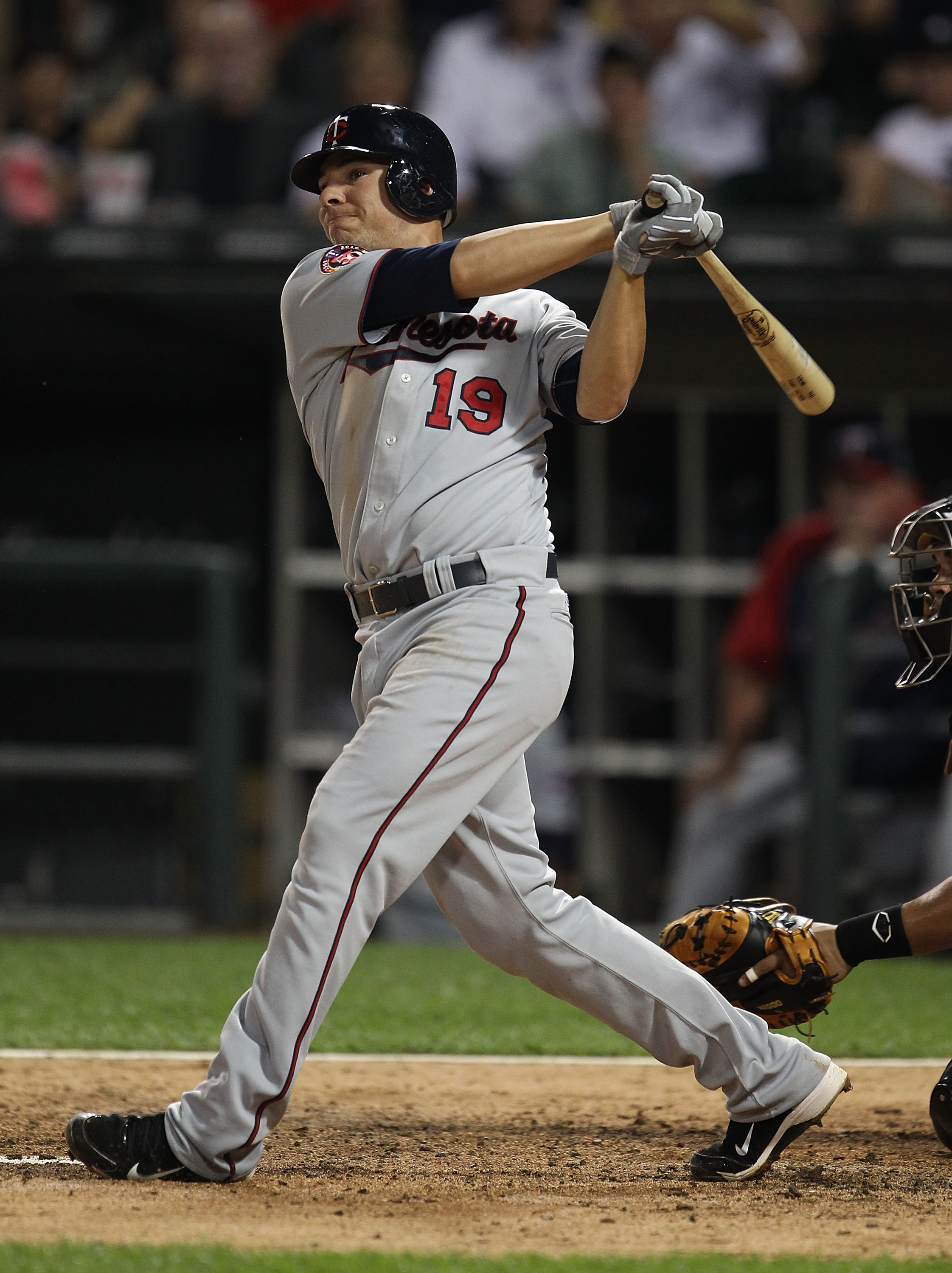CHICAGO - AUGUST 10: Danny Valencia #19 of the Minnesota Twins takes a swing against the Chicago White Sox at U.S. Cellular Field on August 10, 2010 in Chicago, Illinois. The Twins defeated the White Sox 12-6. (Photo by Jonathan Daniel/Getty Images)