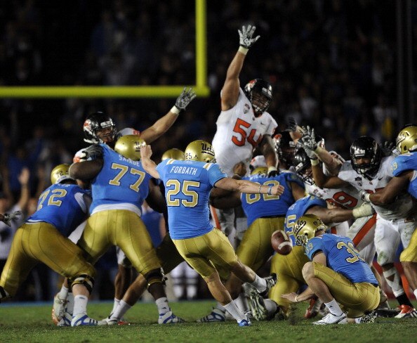 PASADENA, CA - NOVEMBER 06: Kai Forbath #25 of the UCLA Bruins kicks a last second field goal to win the game 17-14 over the Oregon State Beavers during the fourth quarter at the Rose Bowl on November 6, 2010 in Pasadena, California. (Photo by Harry How PASADENA, CA - NOVEMBER 06: Kai Forbath #25 of the UCLA Bruins kicks a last second field goal to win the game 17-14 over the Oregon State Beavers during the fourth quarter at the Rose Bowl on November 6, 2010 in Pasadena, California. (Photo by Harry How