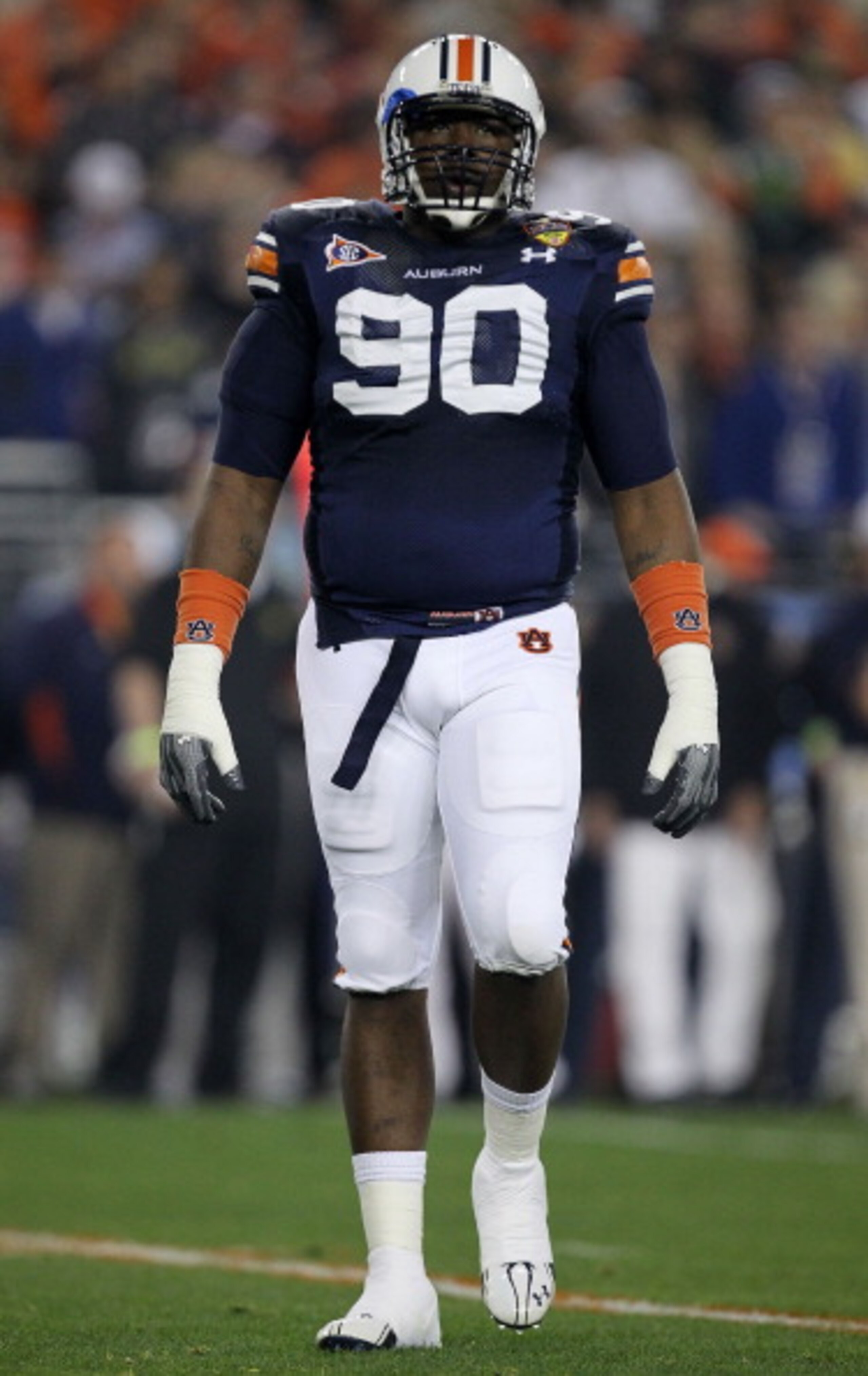 GLENDALE, AZ - JANUARY 10: Nick Fairley #90 of the Auburn Tigers reacts during their Tostitos BCS National Championship Game against the Oregon Ducks at University of Phoenix Stadium on January 10, 2011 in Glendale, Arizona. (Photo by Ronald Martinez/Ge GLENDALE, AZ - JANUARY 10: Nick Fairley #90 of the Auburn Tigers reacts during their Tostitos BCS National Championship Game against the Oregon Ducks at University of Phoenix Stadium on January 10, 2011 in Glendale, Arizona. (Photo by Ronald Martinez/Ge