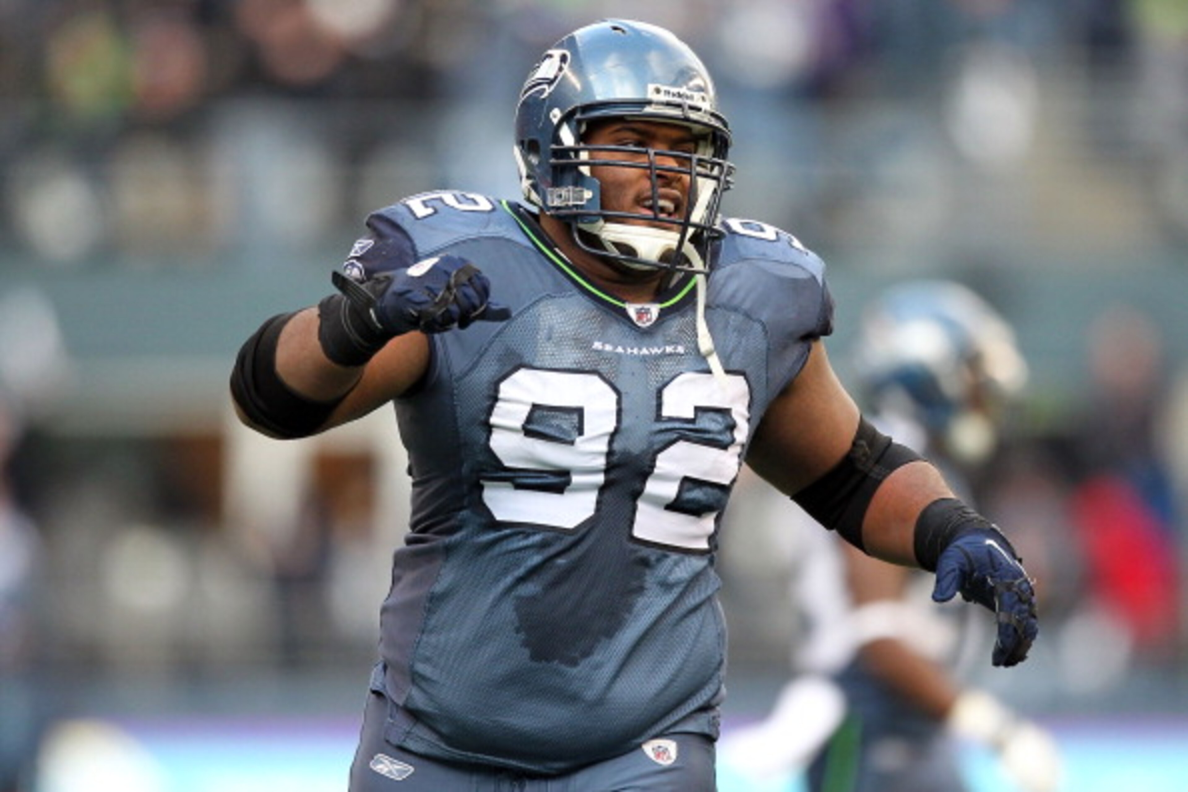 SEATTLE, WA - JANUARY 08:  Defensive tackle Brandon Mebane #92 of the Seattle Seahawks reacts in the second quarter against the New Orleans Saints during the 2011 NFC wild-card playoff game at Qwest Field on January 8, 2011 in Seattle, Washington.  (Photo