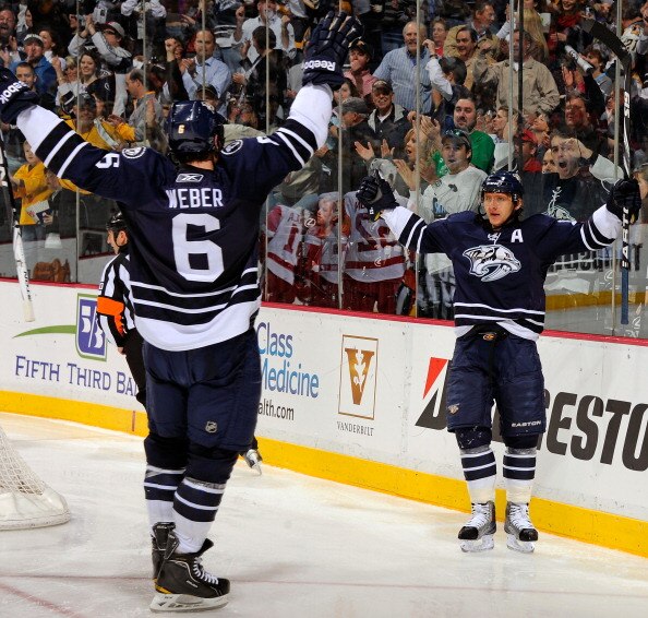 NASHVILLE, TN - APRIL 02:  Shea Weber #6 and Martin Erat #10 of the Nashville Predators celebrate after a goal against the Detroit Red Wings on April 2, 2011 at the Bridgestone Arena in Nashville, Tennessee.  (Photo by Frederick Breedon/Getty Images)