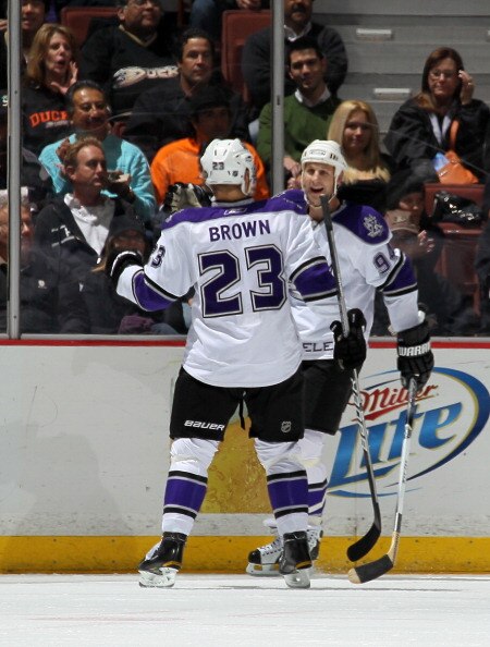 ANAHEIM, CA - APRIL 8:  Ryan Smyth #94 and Dustin Brown #23 of the Los Angeles Kings celebrate Smyth's fisrt period goal against the Anaheim Ducks at Honda Center on April 8, 2011 in Anaheim, California.   (Photo by Stephen Dunn/Getty Images)
