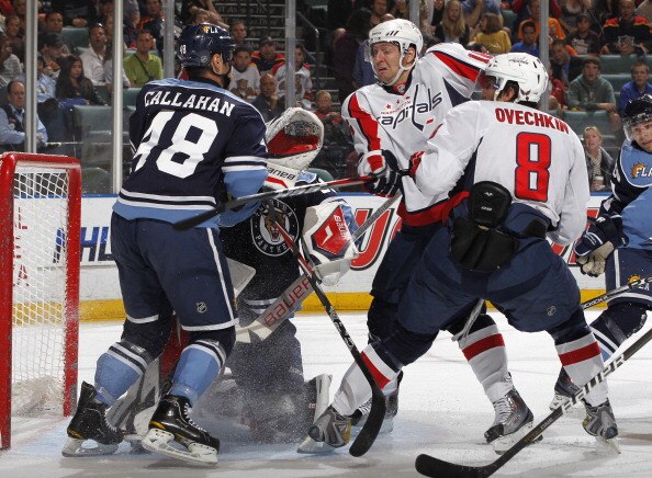 SUNRISE, FL - APRIL 9: Goaltender Tomas Vokoun #29 of the Florida Panthers defends the net against Alex Ovechkin #8 and Eric Fehr #16 of the Washington Capitals on April 9, 2011 at the BankAtlantic Center in Sunrise, Florida. (Photo by Joel Auerbach/Getty