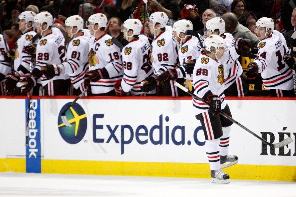 MONTREAL, CANADA - APRIL 5:  Patrick Kane #88 of the Chicago Blackhawks celebrates his second-period goal with teammates during the NHL game against the Montreal Canadiens at the Bell Centre on April 5, 2011 in Montreal, Quebec, Canada.  (Photo by Richard