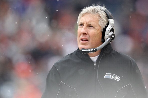 CHICAGO, IL - JANUARY 16:  Head coach Pete Carroll of the Seattle Seahawks looks on from the sideline in the first quarter against the Chicago Bears in the 2011 NFC divisional playoff game at Soldier Field on January 16, 2011 in Chicago, Illinois.  (Photo