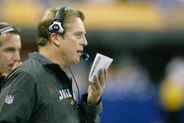 INDIANAPOLIS, IN - DECEMBER 19: Jack Del Rio of the Jacksonville Jaguars looks on against the Indianapolis Colts at Lucas Oil Stadium on December 19, 2010 in Indianapolis, Indiana. The Colts defeated the Jaguars 34-24.   (Photo by Scott Boehm/Getty Images
