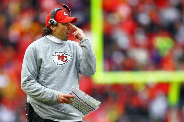 KANSAS CITY, MO - JANUARY 09:  Head coach Todd Haley of the Kansas City Chiefs looks on during the 2011 AFC wild card playoff game against the Baltimore Ravens at Arrowhead Stadium on January 9, 2011 in Kansas City, Missouri.  (Photo by Dilip Vishwanat/Ge
