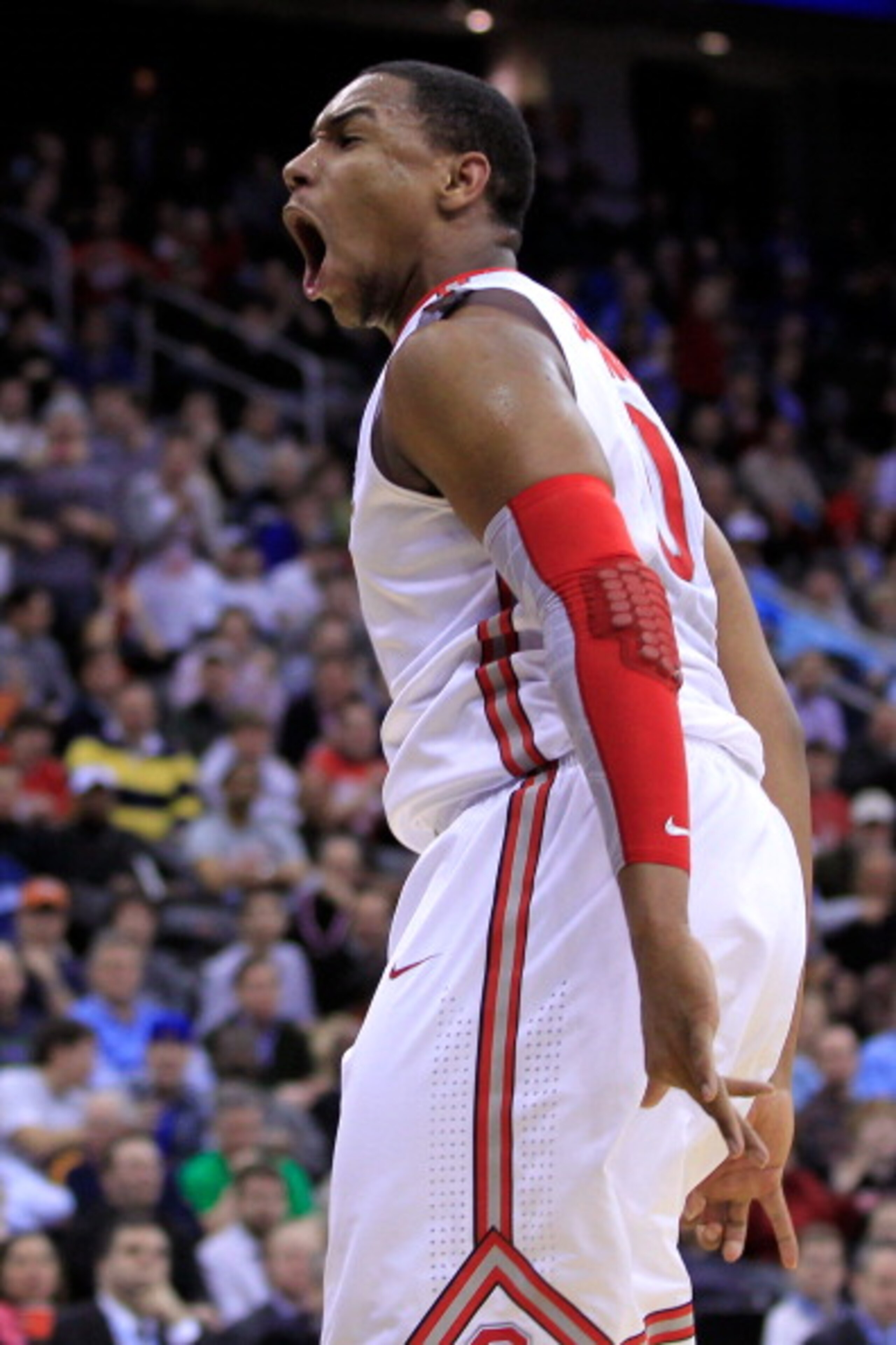 NEWARK, NJ - MARCH 25: Jared Sullinger #0 of the Ohio State Buckeyes reacts after a point against the Kentucky Wildcats during the east regional semifinal of the 2011 NCAA Men's Basketball Tournament at the Prudential Center on March 25, 2011 in Newark, NEWARK, NJ - MARCH 25: Jared Sullinger #0 of the Ohio State Buckeyes reacts after a point against the Kentucky Wildcats during the east regional semifinal of the 2011 NCAA Men's Basketball Tournament at the Prudential Center on March 25, 2011 in Newark,