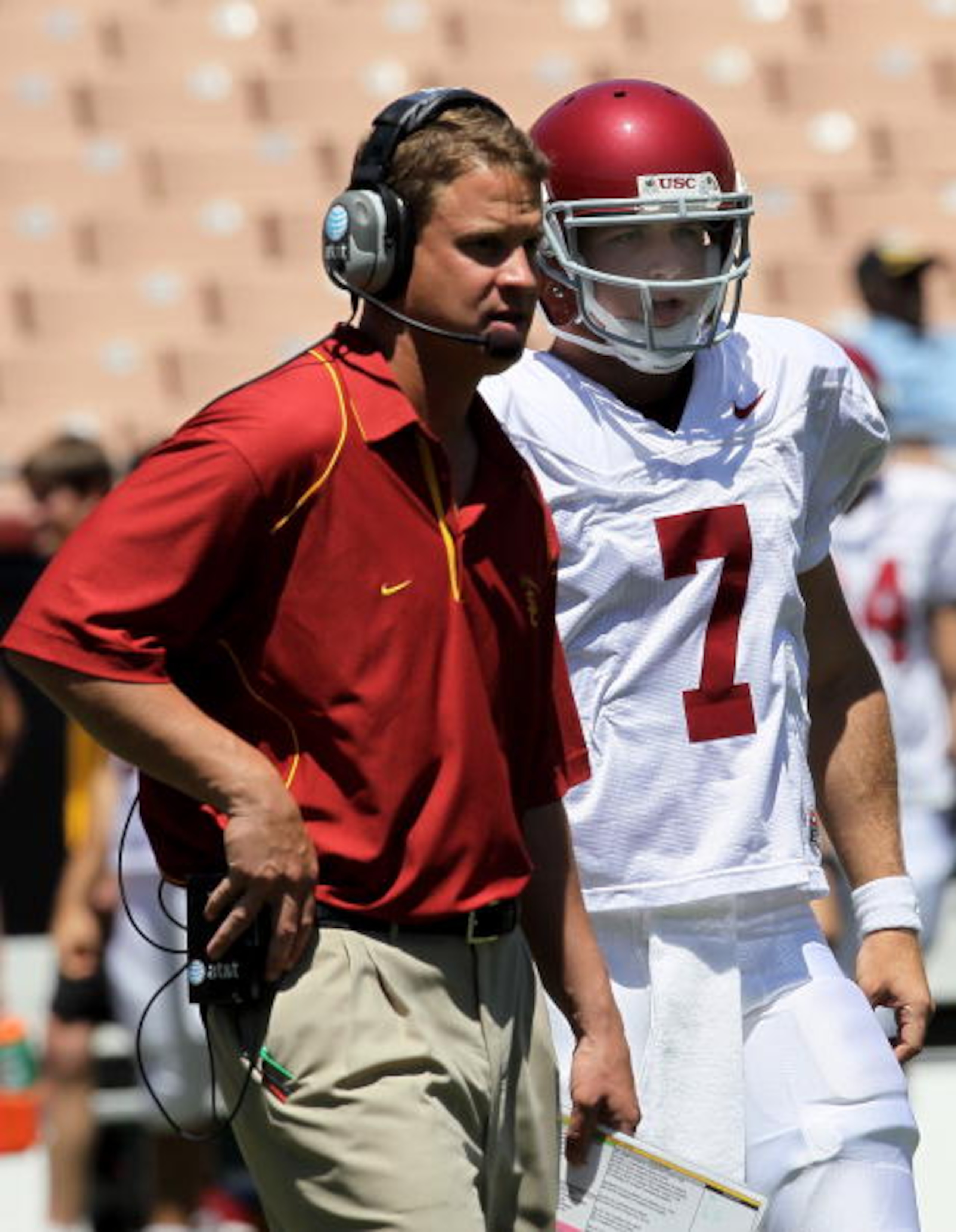LOS ANGELES, CA - MAY 01:  Head coach Lane Kiffin talks with quarterback Matt Barkley #7 during the  USC Trojans spring game on  May 1, 2010 at the Los Angeles Memorial Coliseum in Los Angeles, California.  (Photo by Stephen Dunn/Getty Images)