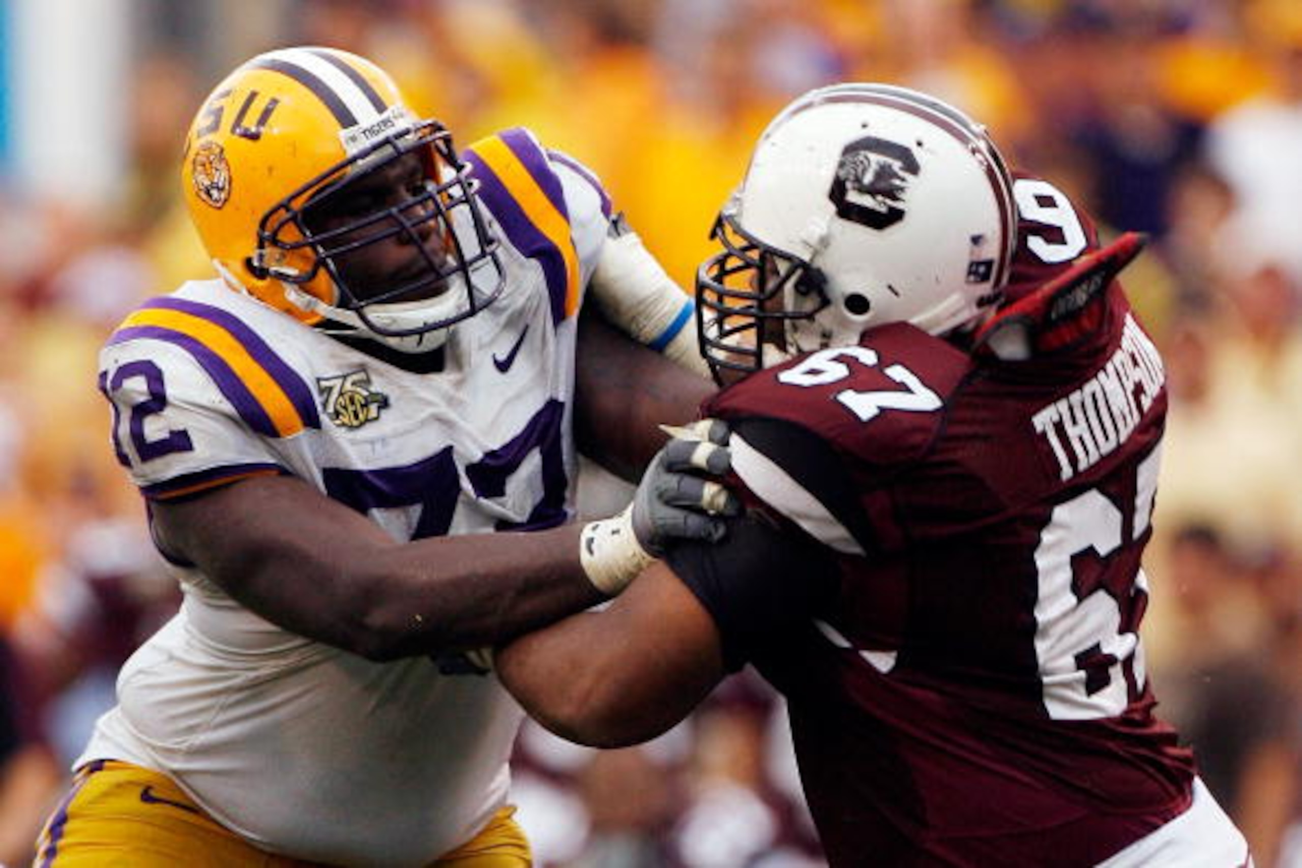 BATON ROUGE, LA - SEPTEMBER 22:  Glenn Dorsey #72  of the Louisiana State University Tigers blocks James Thompson #67 of the South Carolina Gamecocks at Tiger Stadium September 22, 2007 in Baton Rouge, Louisiana. (Photo by Chris Graythen/Getty Images)