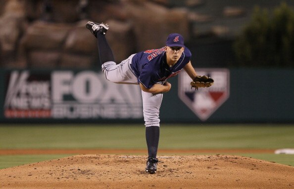 ANAHEIM, CA - SEPTEMBER 07:  Justin Masterson #63 of the Cleveland Indians pitches against the Los Angeles Angels of Anaheim in the game at Angel Stadium on September 7, 2010 in Anaheim, California.  (Photo by Jeff Gross/Getty Images)