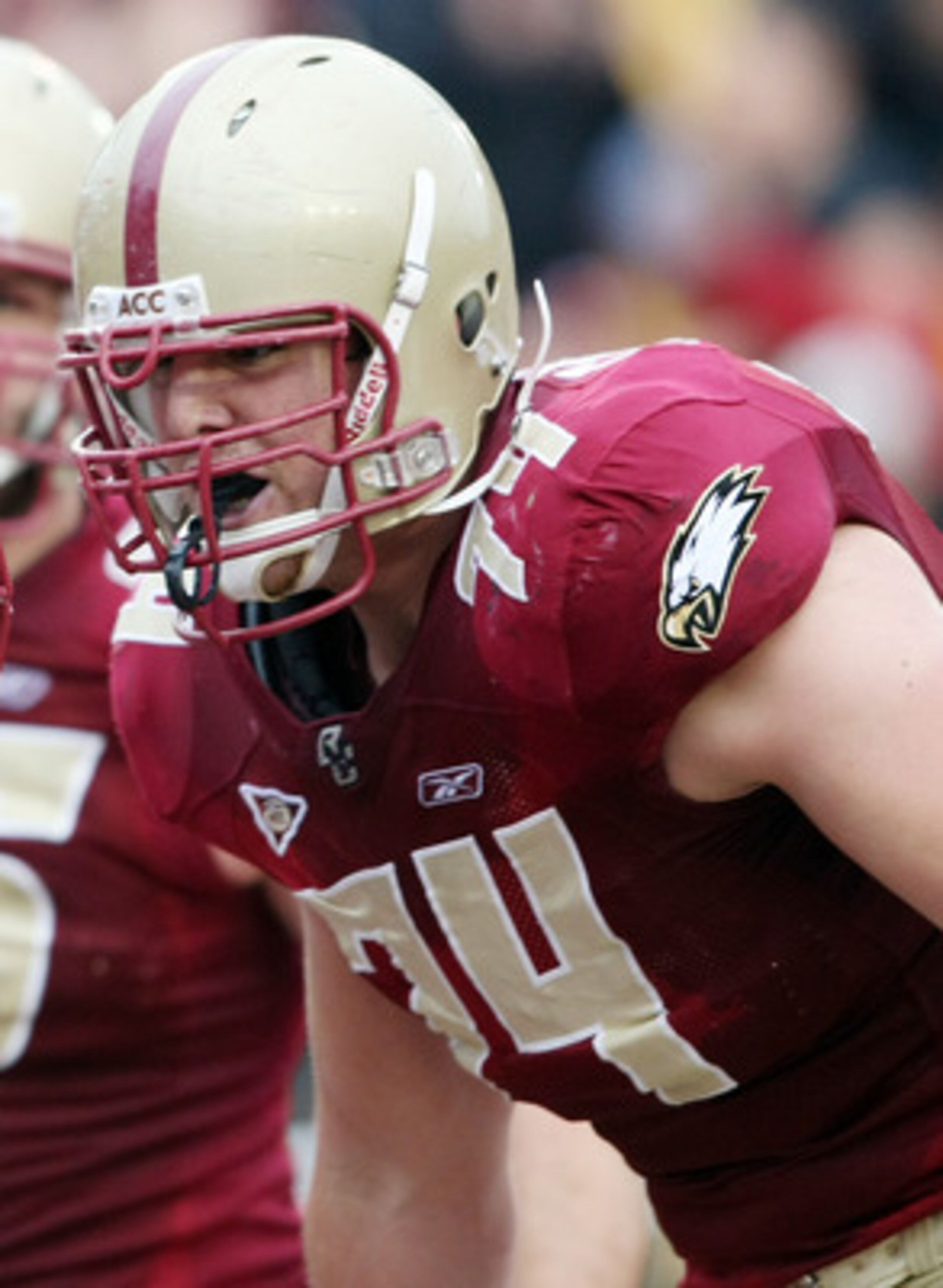 CHESTNUT HILL, MA - OCTOBER 03:  Anthony Castonzo #74 of the Boston College Eagles congratulates teammate Montel Harris #2 after Harris scored a touchdown in the first quarter against the Florida State Seminoles on October 3, 2009 at Alumni Stadium in Che