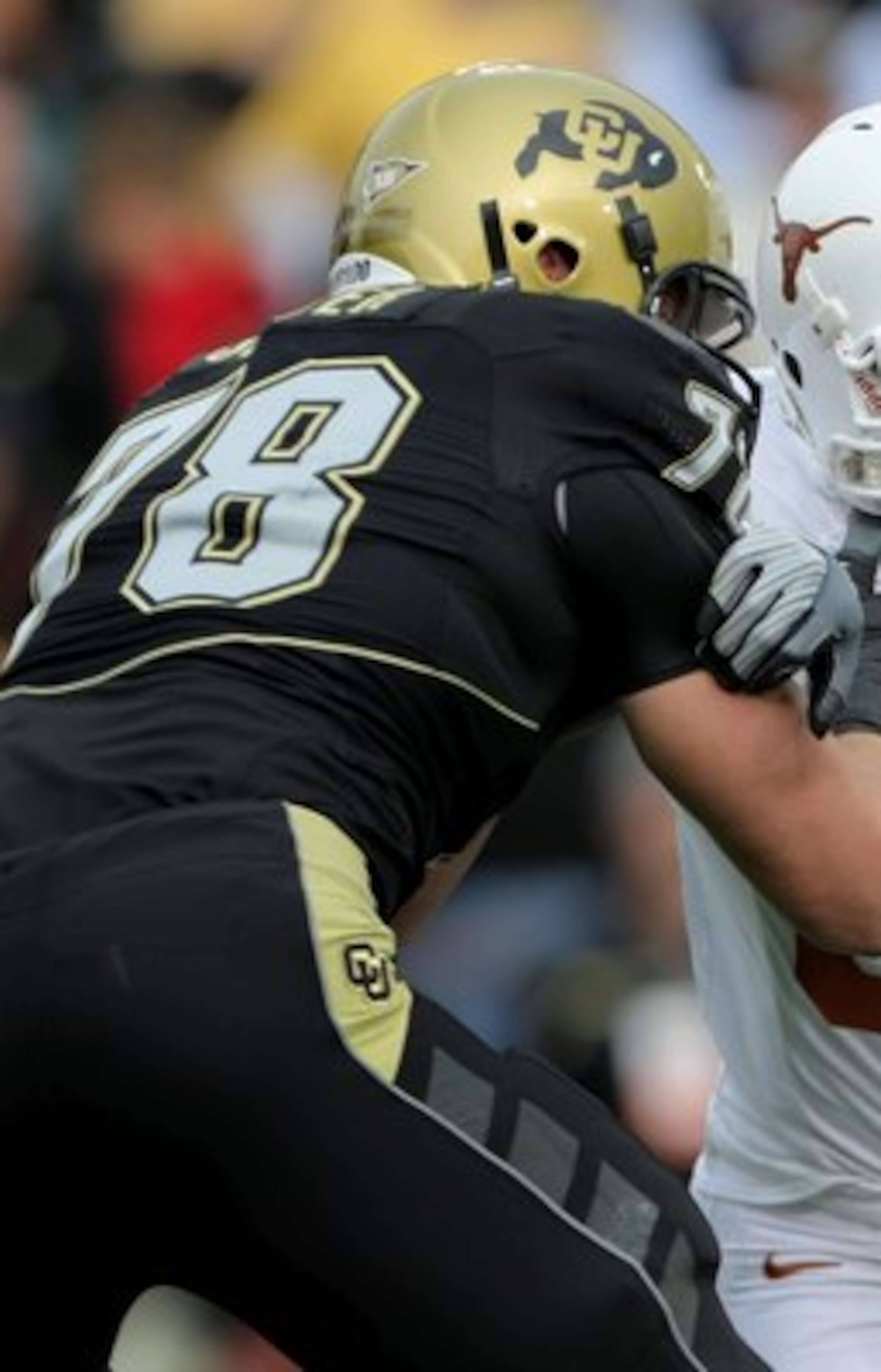 BOULDER, CO - OCTOBER 04: Brian Orakpo #98 of the Texas Longhorns rushes against Nate Solder #78 the Colorado Buffaloes at Folsom Field on October 4, 2008 in Boulder, Colorado. Texas defeated Colorado 38-14. (Photo by Doug Pensinger/Getty Images) BOULDER, CO - OCTOBER 04: Brian Orakpo #98 of the Texas Longhorns rushes against Nate Solder #78 the Colorado Buffaloes at Folsom Field on October 4, 2008 in Boulder, Colorado. Texas defeated Colorado 38-14. (Photo by Doug Pensinger/Getty Images)