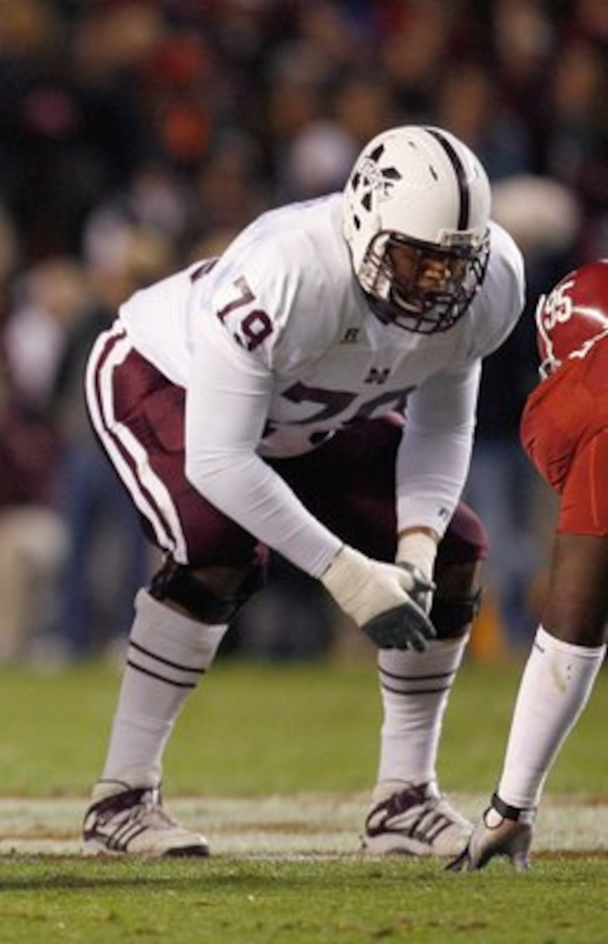 TUSCALOOSA, AL - NOVEMBER 15:  J.C. Brignone #70 and Derek Sherrod #79of the Mississippi State Bulldogs get ready on the line of scrimmage during the game against the Alabama Crimson Tide at Bryant-Denny Stadium on November 15, 2008 in Tuscaloosa, Alabama