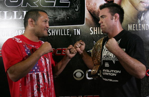 HOLLYWOOD - MARCH 17:  Legendary MMA Superstar and two time Olympic Wrestler Dan Henderson (L) and Strikeforce World Middleweight Champion Jake Shields (R)  attend the CBS' Strikeforce MMA Fighters Open Media Workout on March 17, 2010 in Hollywood, Califo