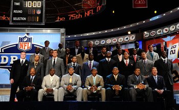 NEW YORK - APRIL 22: 2010 NFL Draft prospects pose for a group photo with former NFL Players including Jerry Rice, Dan Marino, Lawrence Taylor, Deion Sanders, Joe Montana, Floyd Little, Drew Brees, John Randal and NFL Commissioner during the 2010 NFL Dra NEW YORK - APRIL 22: 2010 NFL Draft prospects pose for a group photo with former NFL Players including Jerry Rice, Dan Marino, Lawrence Taylor, Deion Sanders, Joe Montana, Floyd Little, Drew Brees, John Randal and NFL Commissioner during the 2010 NFL Dra