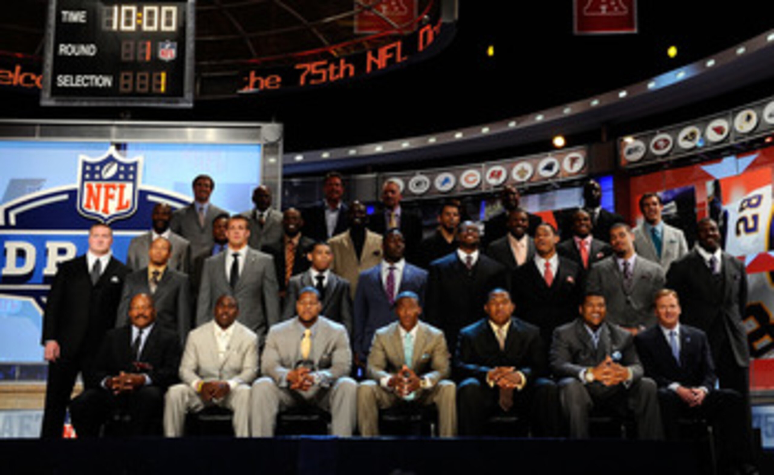NEW YORK - APRIL 22:  2010 NFL Draft prospects pose for a group photo with former NFL Players including Jerry Rice, Dan Marino, Lawrence Taylor, Deion Sanders, Joe Montana, Floyd Little, Drew Brees, John Randal and NFL Commissioner during the 2010 NFL Dra