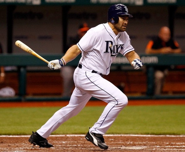 ST. PETERSBURG, FL - APRIL 01:  Outfielder Johnny Damon #22 of the Tampa Bay Rays bats against the Baltimore Orioles during the Opening Day game at Tropicana Field on April 1, 2011 in St. Petersburg, Florida.  (Photo by J. Meric/Getty Images)