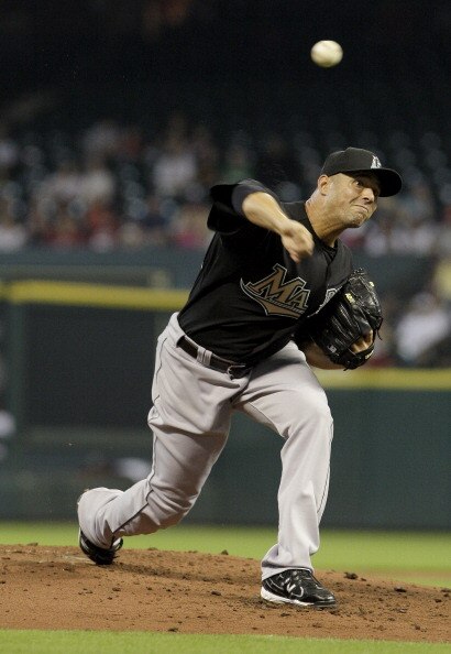 HOUSTON,TX- APRIL 9 : Pitcher Javier Vasquez #23 of the Florida Marlins pitches in the second inning against the Houston Astros in a MLB baseball game on April 9, 2011 at Minute Maid Park in Houston, Texas. The Marlins won 4 to 3. (Photo by Thomas B. Shea