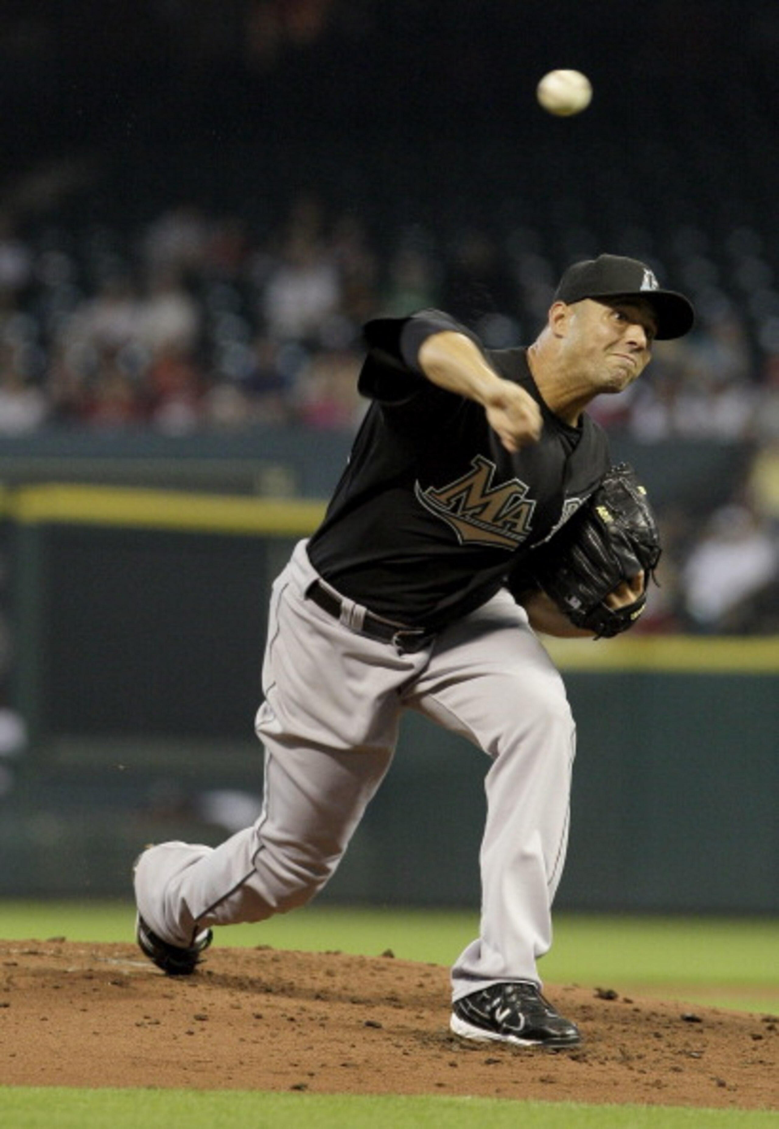 HOUSTON,TX- APRIL 9 : Pitcher Javier Vasquez #23 of the Florida Marlins pitches in the second inning against the Houston Astros in a MLB baseball game on April 9, 2011 at Minute Maid Park in Houston, Texas. The Marlins won 4 to 3. (Photo by Thomas B. Shea