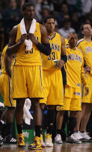 BOSTON, MA - MARCH 16:  Roy Hibbert #55 and Danny Granger #33 of the Indiana Pacers react after the game against the Boston Celtics on March 16, 2011 at the TD Garden in Boston, Massachusetts. The Celtics defeated the Indiana Pacers 92-80. NOTE TO USER: U
