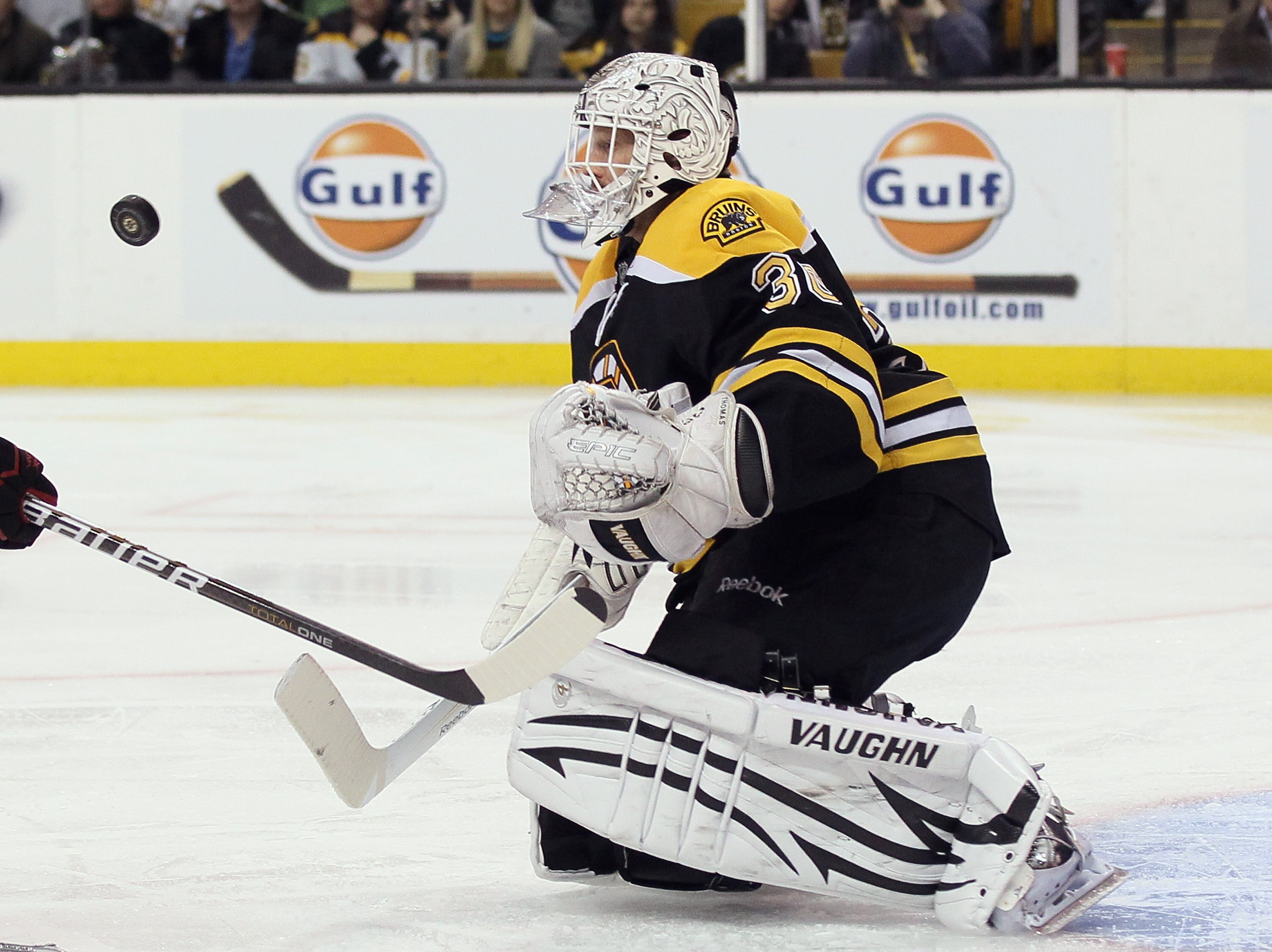BOSTON, MA - MARCH 29:  Tim Thomas #30 of the Boston Bruins stops a shot in the second period against the Chicago Blackhawks on March 29, 2011 at the TD Garden in Boston, Massachusetts. The Boston Bruins shut out the Chicago Blackhawks 3-0.  (Photo by Els