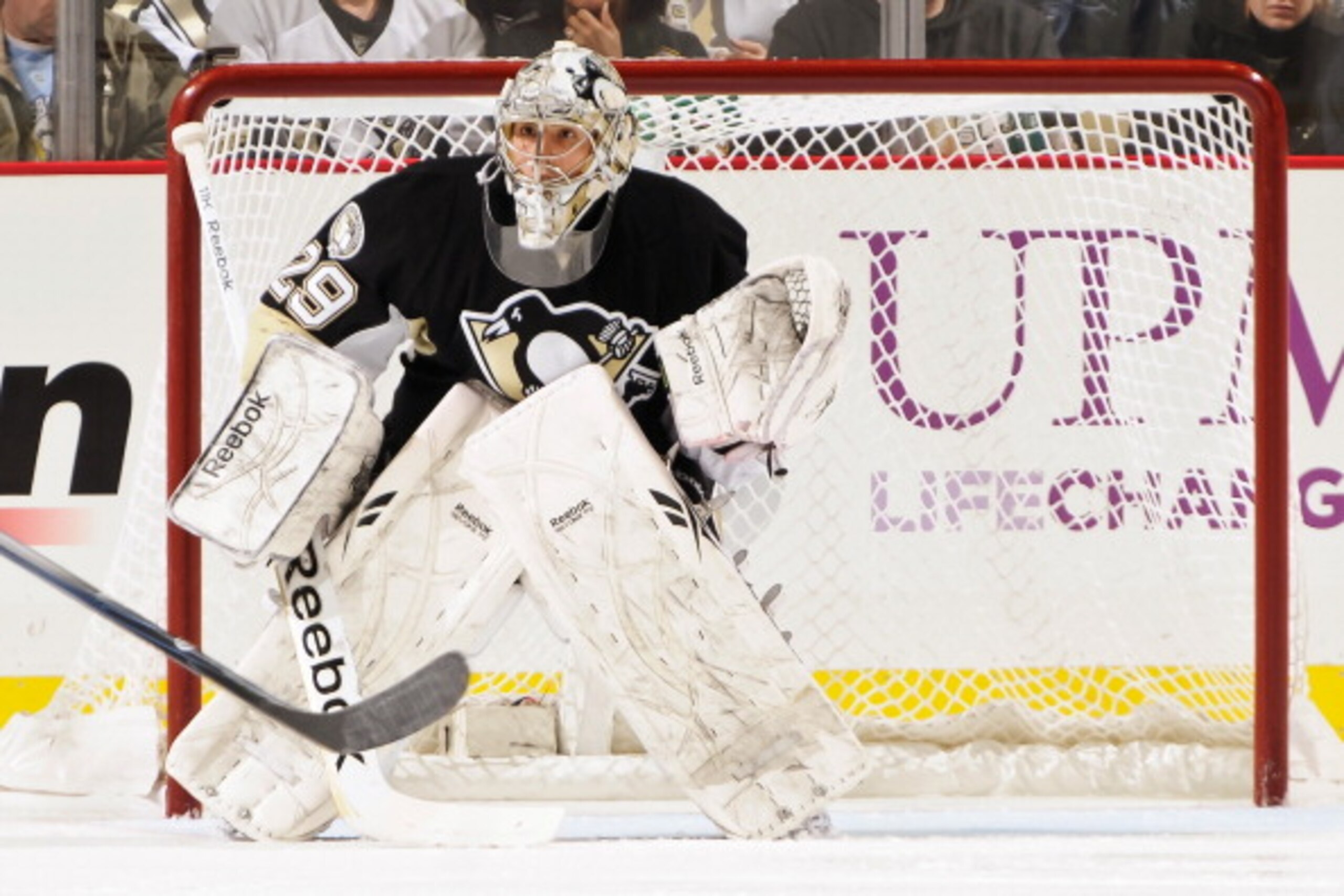 PITTSBURGH, PA - MARCH 13: Goaltender Marc-Andre Fleury #29 of the Pittsburgh Penguins guards the net against the Edmonton Oilers on March 13, 2011 at CONSOL Energy Center in Pittsburgh, Pennsylvania. (Photo by Jamie Sabau/Getty Images) PITTSBURGH, PA - MARCH 13: Goaltender Marc-Andre Fleury #29 of the Pittsburgh Penguins guards the net against the Edmonton Oilers on March 13, 2011 at CONSOL Energy Center in Pittsburgh, Pennsylvania. (Photo by Jamie Sabau/Getty Images)