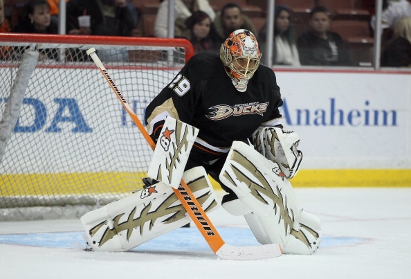ANAHEIM, CA - FEBRUARY 27:  Ray Emery #29 of the Anaheim Ducks warms up prior to the start of the game against the Colorado Avalanche at Honda Center on February 27, 2011 in Anaheim, California.  (Photo by Jeff Gross/Getty Images)