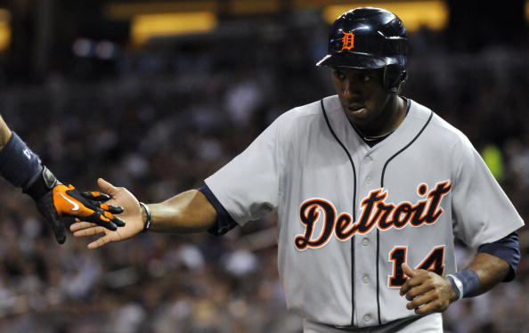 MINNEAPOLIS, MN - JUNE 28: Austin Jackson #14 of the Detroit Tigers celebrates scoring in the seventh inning against the Minnesota Twins during their game on June 28, 2010 at Target Field in Minneapolis, Minnesota. Tigers defeated the Twins 7-5. (Photo by