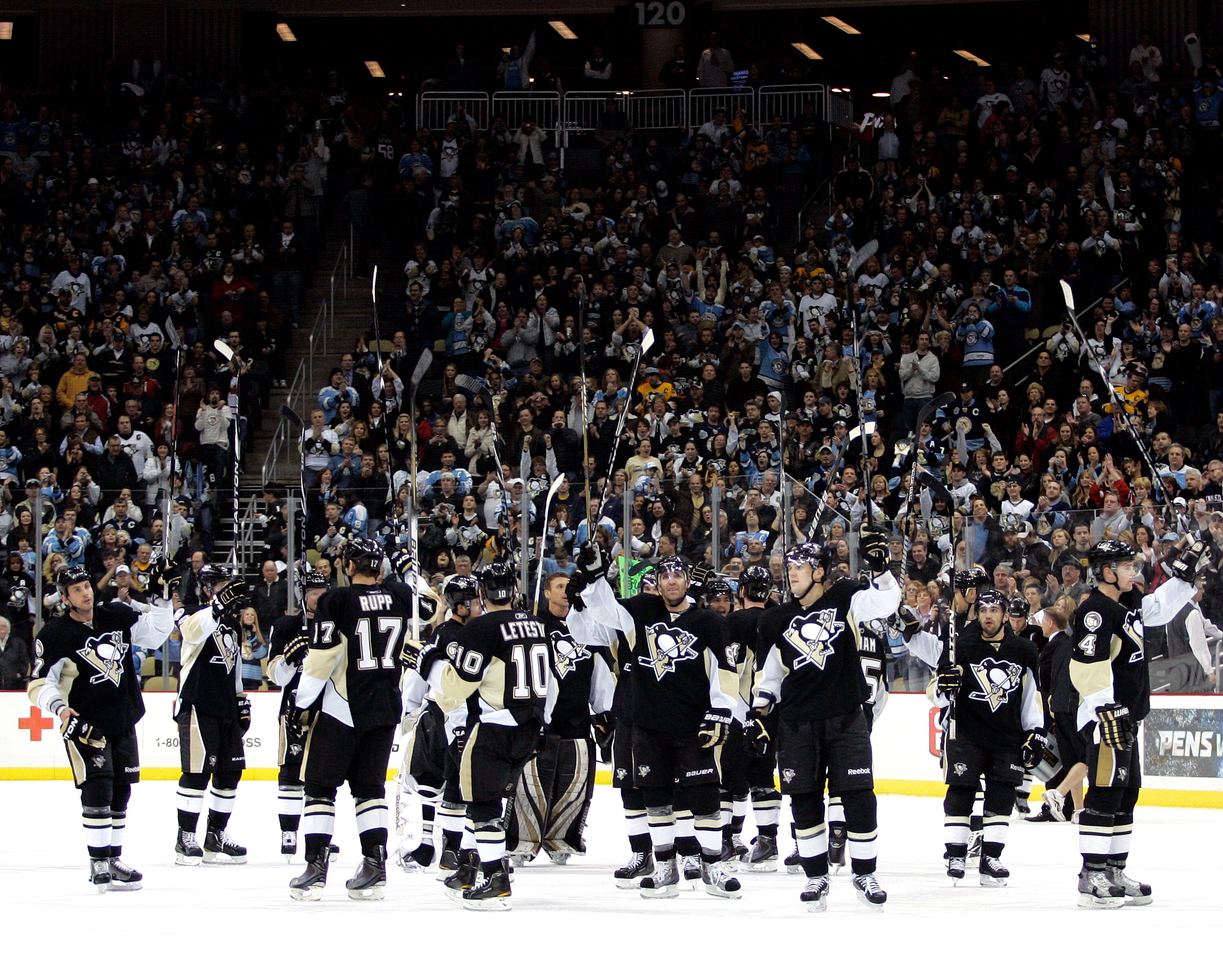 PITTSBURGH, PA - APRIL 05:  The Pittsburgh Penguins salute their fans after the final regular season game at Consol Energy Center on April 5, 2011 in Pittsburgh, Pennsylvania.  The Penguins defeated the Devils 4-2.  (Photo by Justin K. Aller/Getty Images)