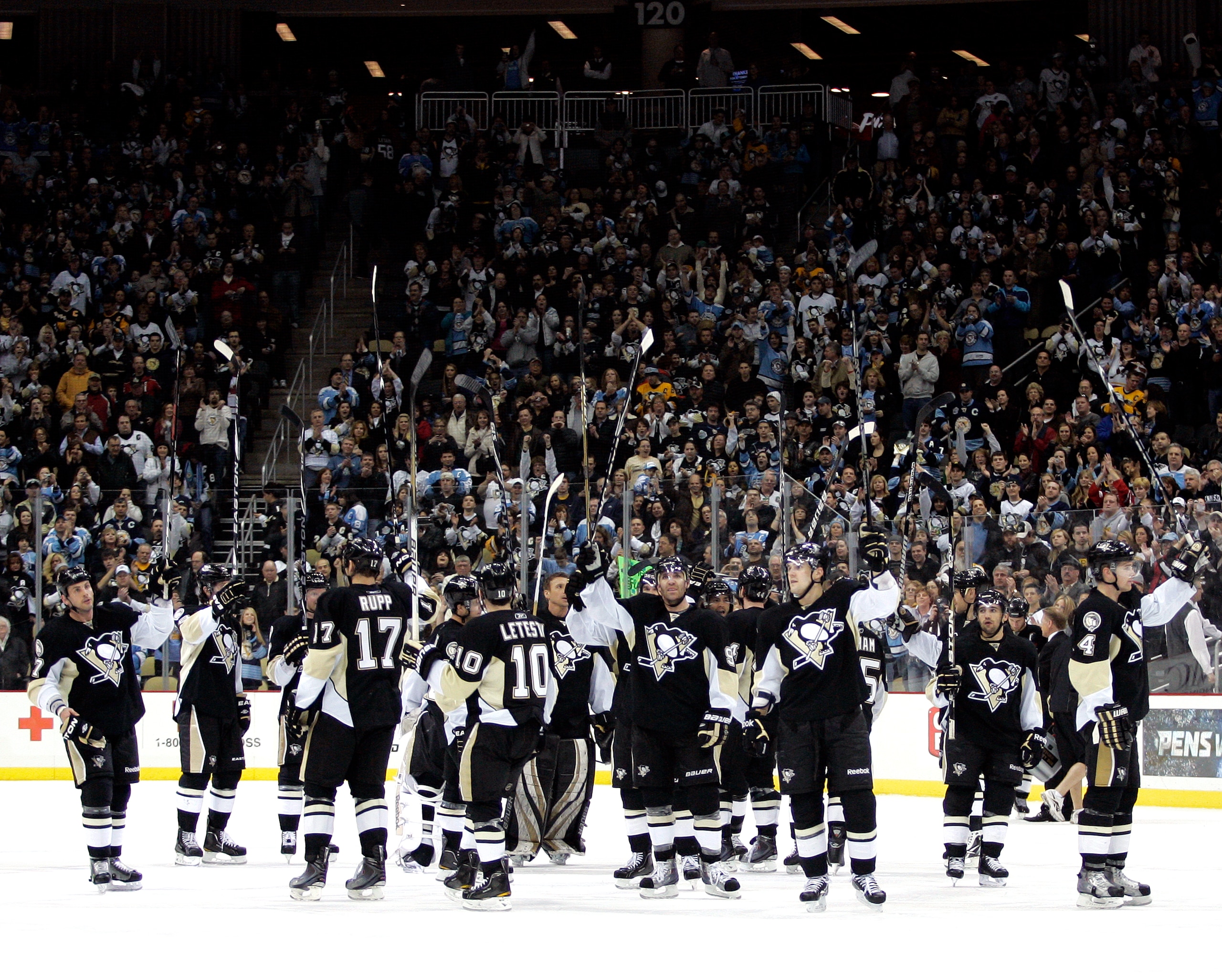 PITTSBURGH, PA - APRIL 05:  The Pittsburgh Penguins salute their fans after the final regular season game at Consol Energy Center on April 5, 2011 in Pittsburgh, Pennsylvania.  The Penguins defeated the Devils 4-2.  (Photo by Justin K. Aller/Getty Images)