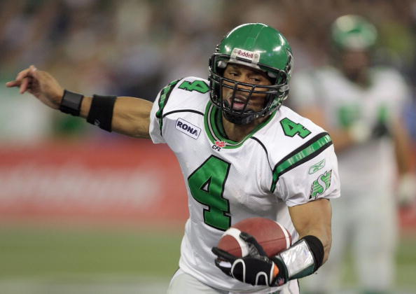 TORONTO - NOVEMBER 25:  Kerry Joseph #4 of the Saskatchewan Rough Riders scrambles for yardage against the Winnipeg Blue Bombers during the third quarter of the 95th Grey Cup on November 25, 2007 at the Rogers Centre in Toronto, Ontario, Canada.  (Photo b