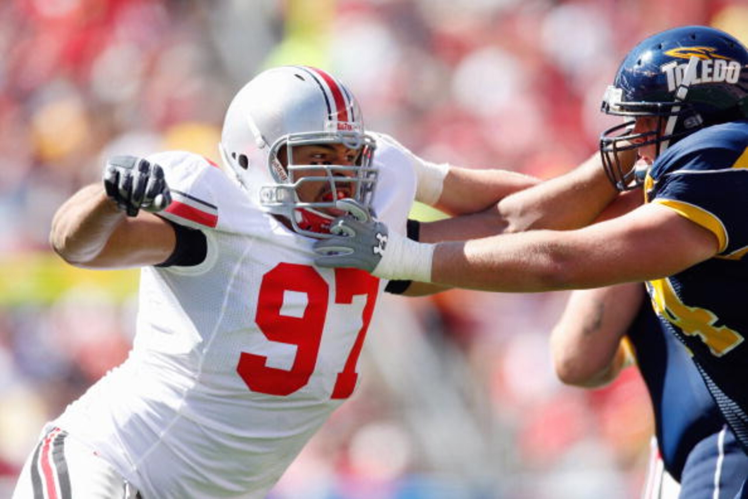 CLEVELAND - SEPTEMBER 19:  Cameron Heyward #97 of the Ohio State Buckeyes moves off the line during the game against the Toledo Rockets at Cleveland Browns Stadium on September 19, 2009 in Cleveland, Ohio. The Ohio State Buckeyes shutout the Toledo Rocket