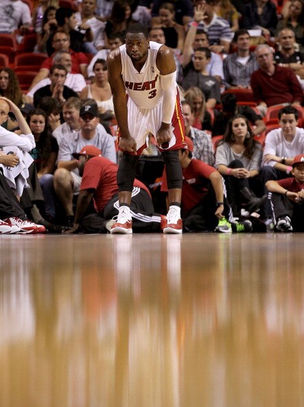 MIAMI, FL - APRIL 08:  Dwyane Wade #3 of the Miami Heat looks on during a game against the Charlotte Bobcats at American Airlines Arena on April 8, 2011 in Miami, Florida. NOTE TO USER: User expressly acknowledges and agrees that, by downloading and/or us
